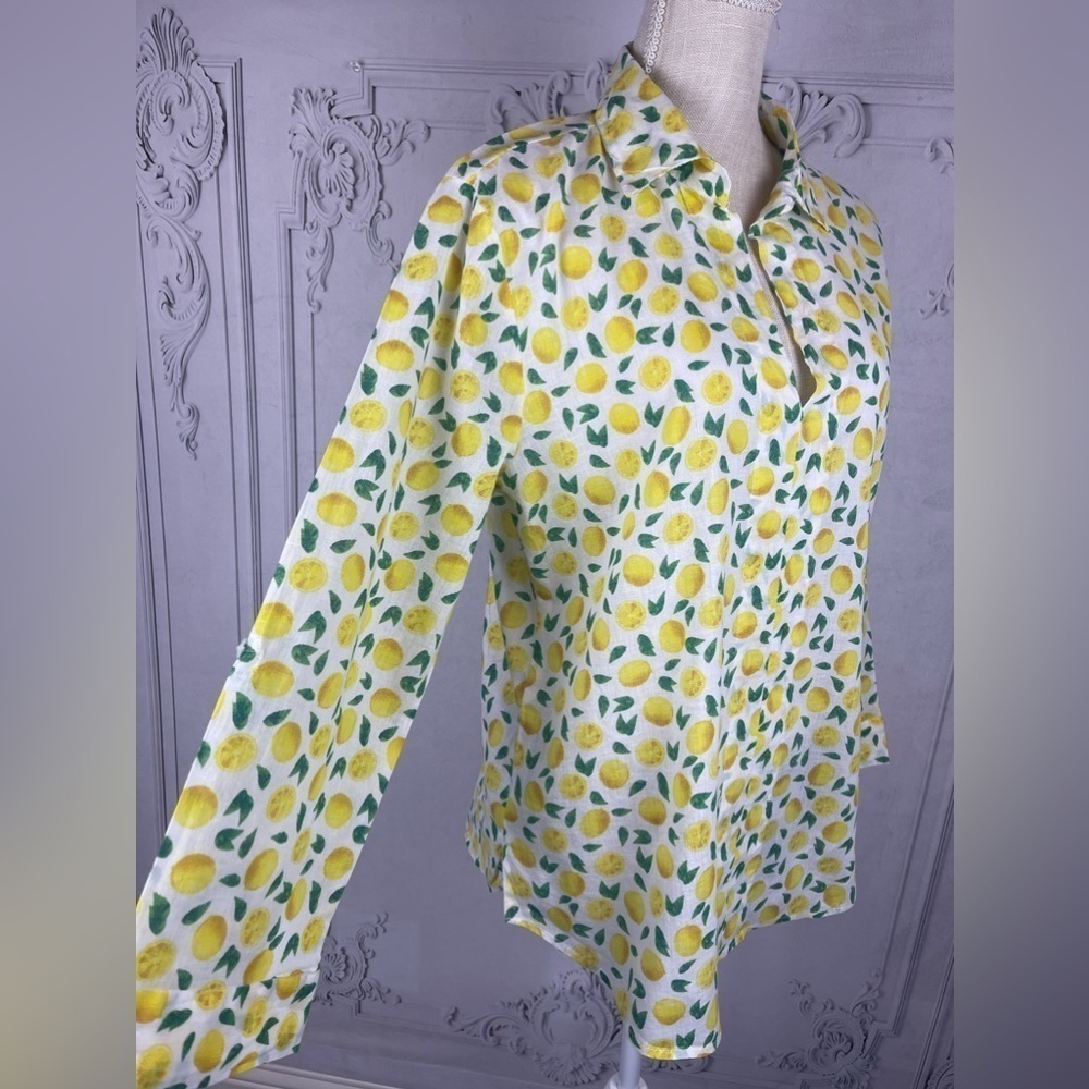 Casual V-Neck Cuffed Long Sleeves Cotton Blouse A-Line Lemon Print - Picture 3 of 11